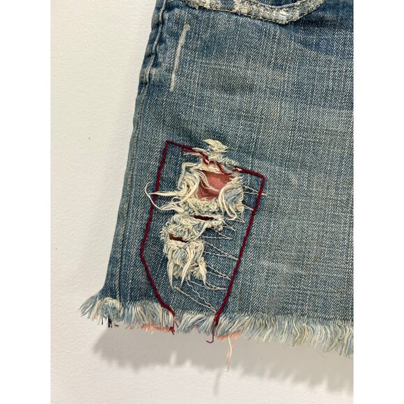 Y2K Vintage Angels Denim skirt size S micro mini distressed embroidered raw hem - Picture 9 of 10